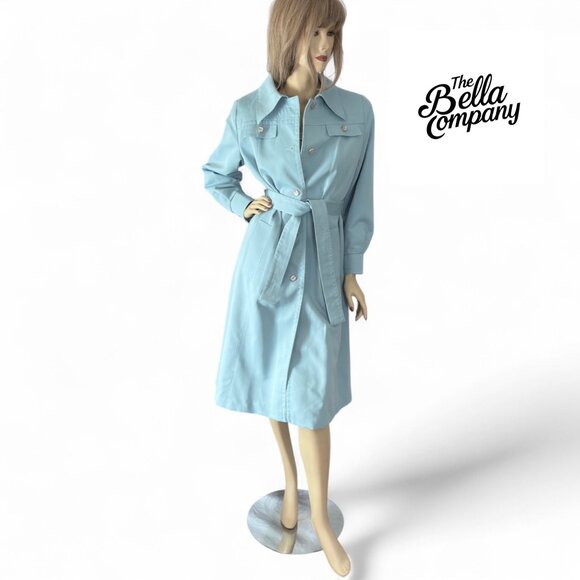 70s Powder Blue Trench Style Belted‎ Raincoat Pastel Fashion Illustration Lining - Picture 1 of 10